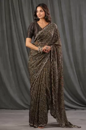 90Z779-RO Dark Brown Floral Crepe Saree with Scalloped Border