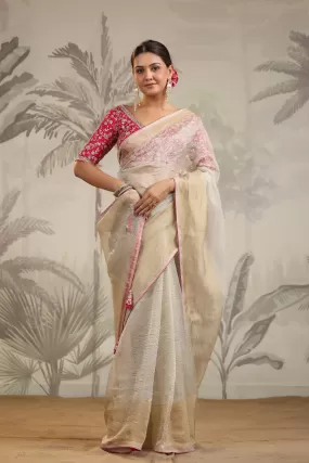 91Z220-RO Cream Tissue Organza Saree with Pink Embroidered Blouse