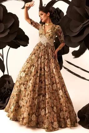 Abstract Floral Belted Anarkali