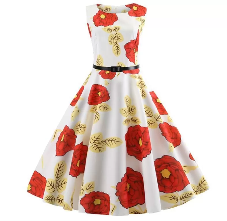 Belted Floral Print Retro Dress