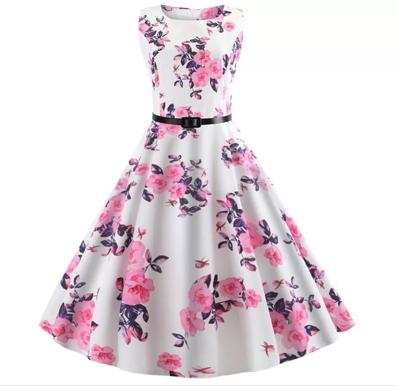 Belted Floral Print Retro Dress