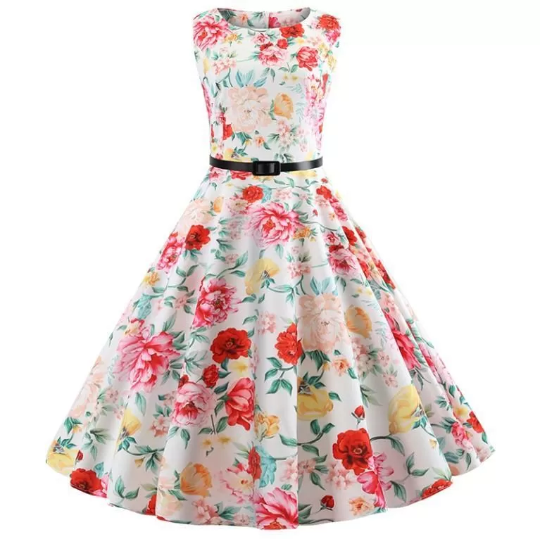 Belted Floral Print Retro Dress