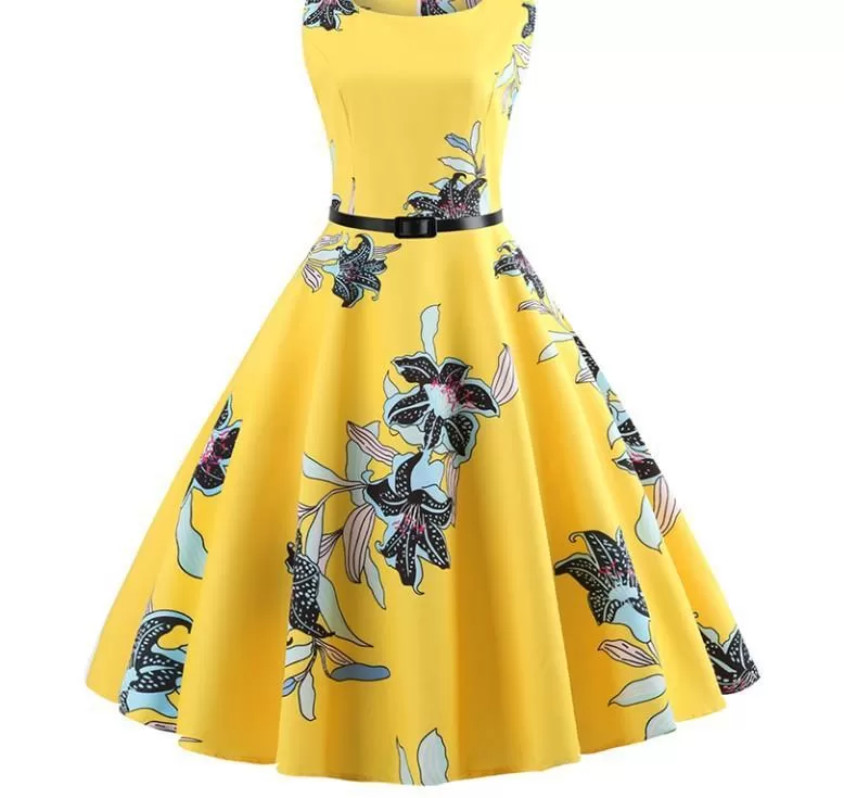 Belted Floral Print Retro Dress