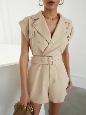 Belted Lapel Collar Romper with Pockets