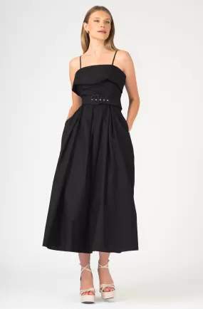 Belted Pleated Dress with Cold Shoulder