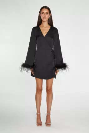 Black-Satin Feather Trim Wrap Mini-Dress