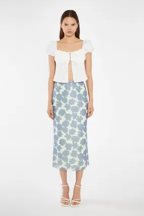 Blue-Green Floral Mesh Lace-Trim Midi-Skirt