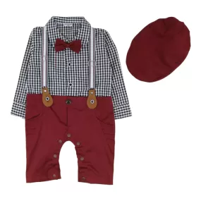 Bowtie Romper With Suspender And Cap - Maroon Checks