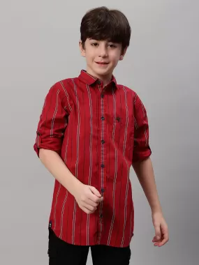 Boy's Maroon Striped Full Sleeve Shirt