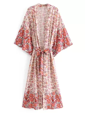 Bridal Party Wear Long Length With Floral Print Red Color Cotton Gown Kimono Duster