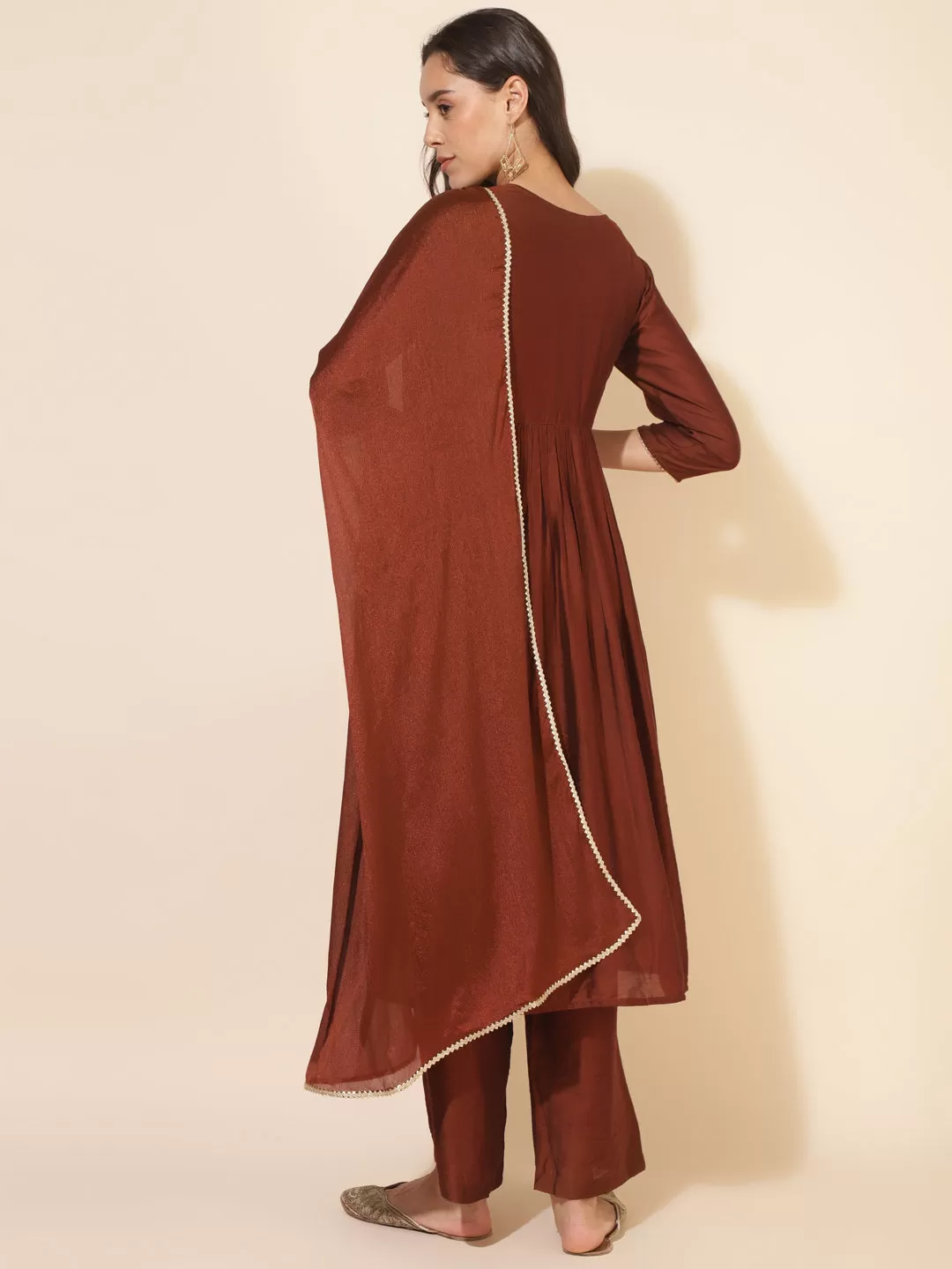 Brown Chanderi Embellished Kurta Palazzo Set