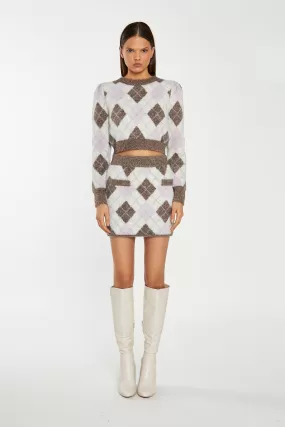 Brown Multi-Argyle Glitter Knit Mini-Skirt