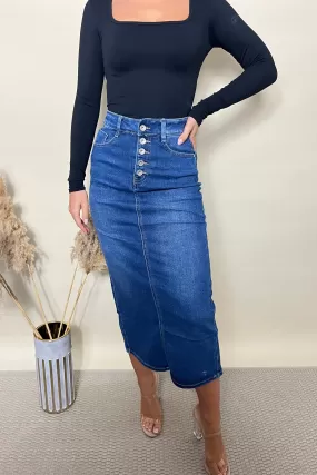 Button Front Denim Midi Skirt