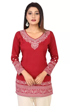 Buy Indian Kurtis Online- Stylish Maroon Printed Kurti Top with White Pattern