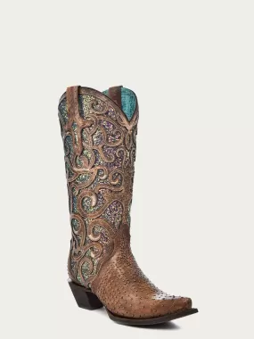 C3467 - WOMEN'S PURPLE GLITTER INLAY WITH FULL STUDDED VAMP SNIP TOE COWBOY BOOT