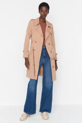 Camel Belted Windbreaker Detailed Long Trench Coat