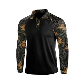 CAMO LEAVES 1/4 BUTTON RAGLAN LONG SLEEVE POLO SHIRT