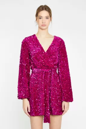 Cerise Velvet-Sequin Tie-Waist Wrap Mini-Dress