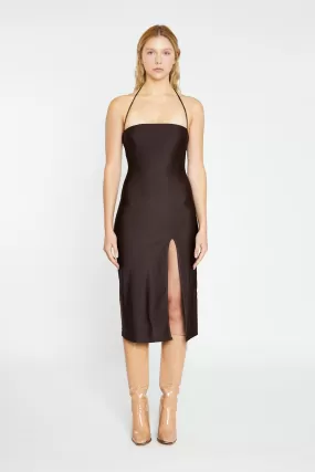 Dark Brown Square Halterneck Midi-Dress