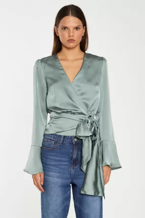 Dusty-Green Satin Wrap Front Blouse