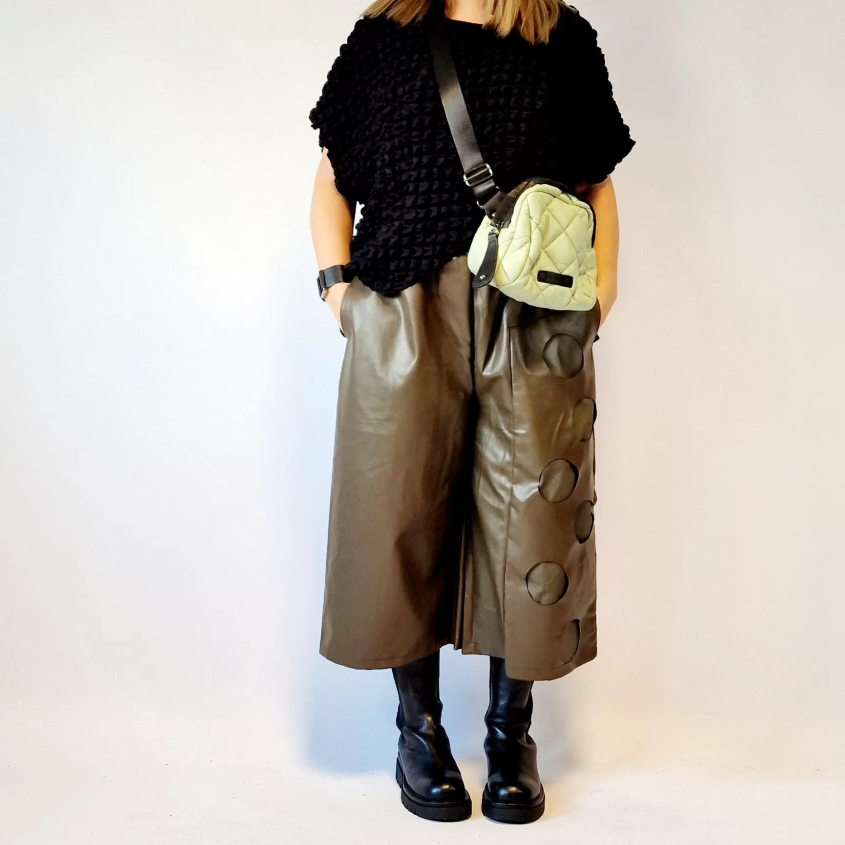 Eco Leather Khaki Trousers with Circle Pattern