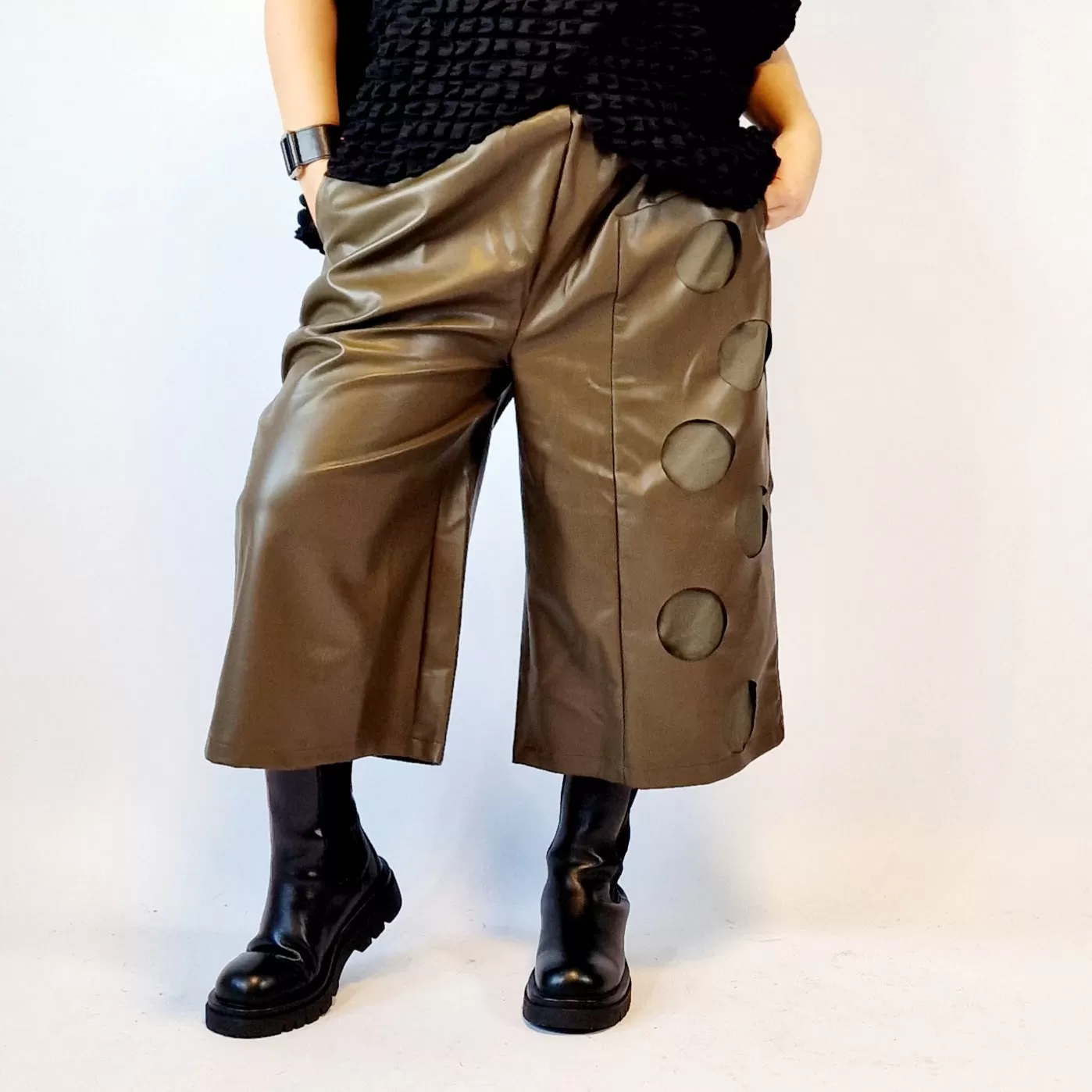 Eco Leather Khaki Trousers with Circle Pattern