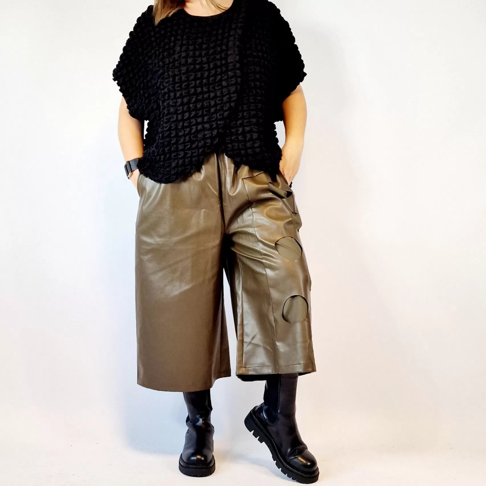 Eco Leather Khaki Trousers with Circle Pattern