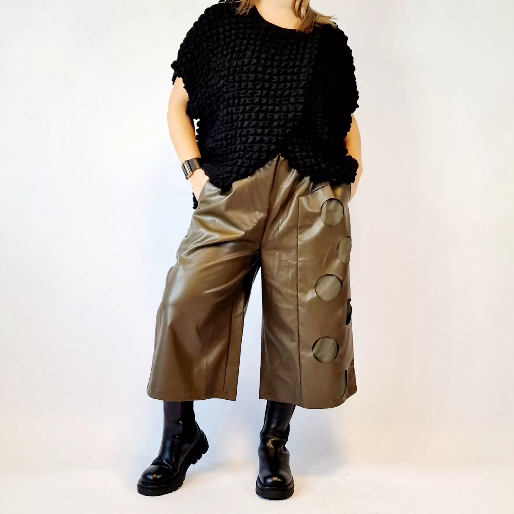 Eco Leather Khaki Trousers with Circle Pattern