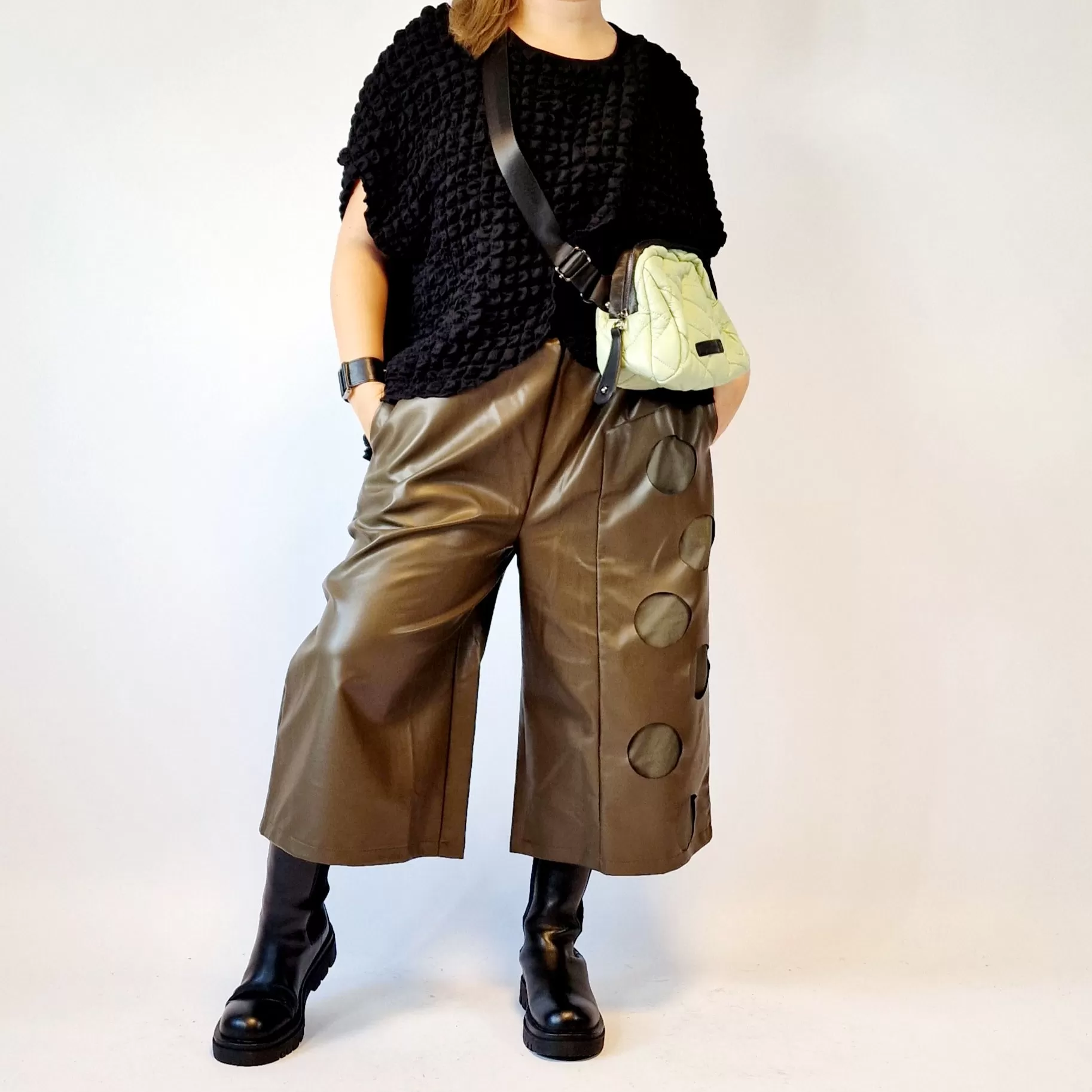 Eco Leather Khaki Trousers with Circle Pattern