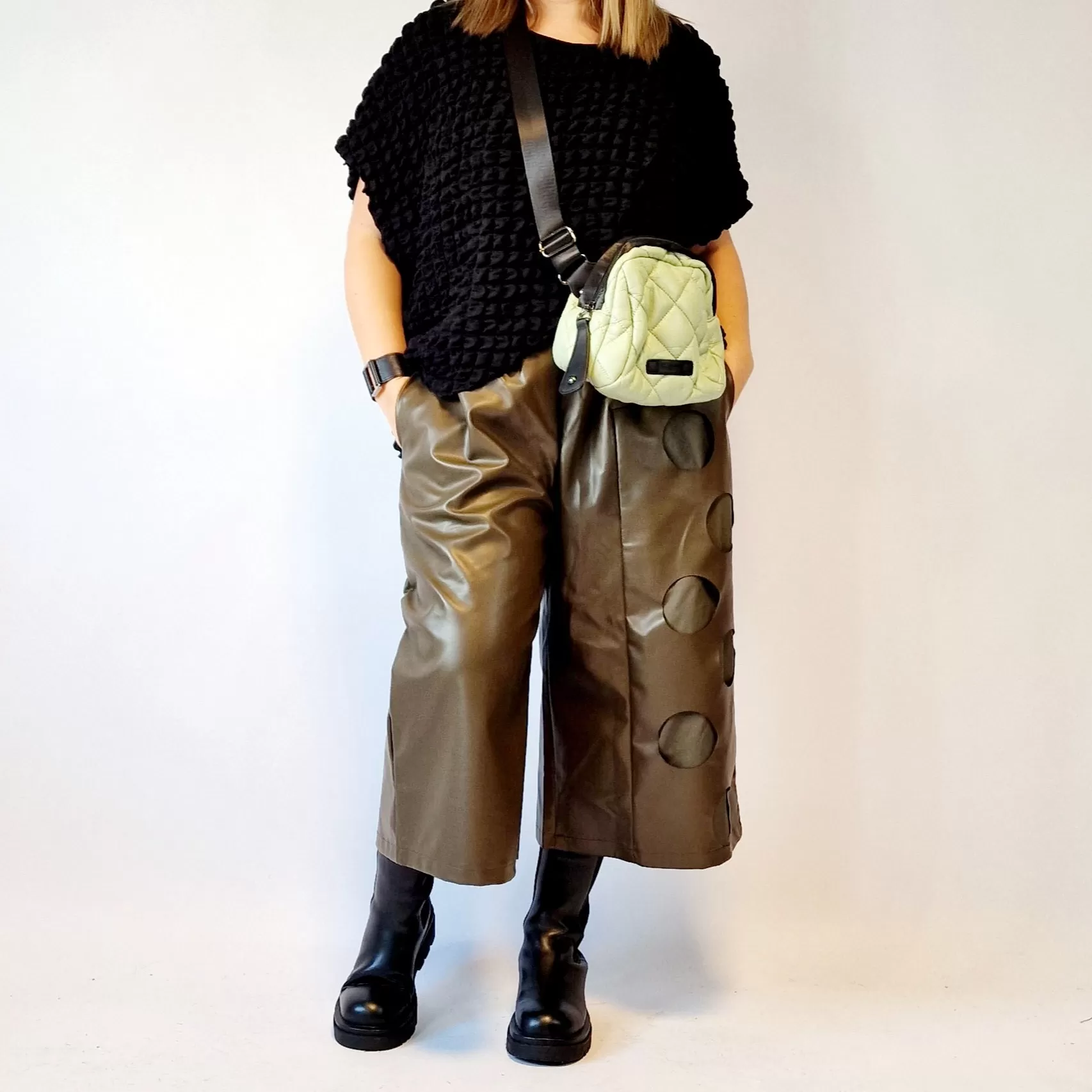 Eco Leather Khaki Trousers with Circle Pattern