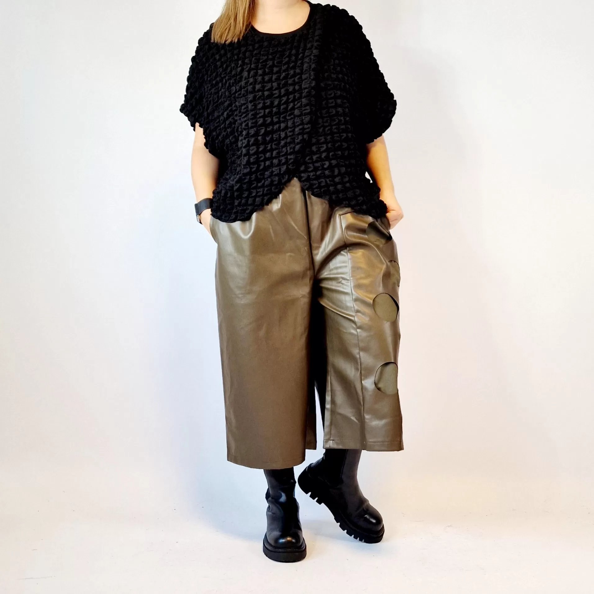 Eco Leather Khaki Trousers with Circle Pattern