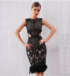 Elegant Black Sleeveless Sexy Feather Lace Dress