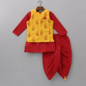 Elegant Red Kurta With Floral Printed Pocket Square Jacket And Dhoti