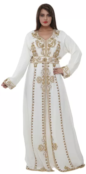 Embroidered Kaftan Gown With Golden Crystals