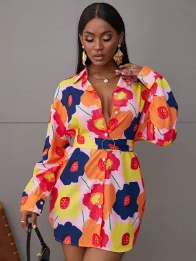 Floral Belted Curved Hem Shirt Dress