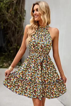 Floral Belted Frill Trim Mini Dress