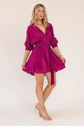 Glam Girl Magenta Plisse Belted Dress - Final Sale