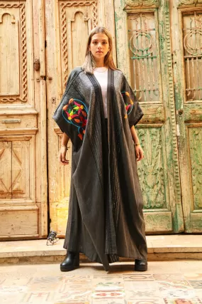 Grey hand embroidered Abaya, Hand loomed Abaya, Wool Abaya, Wool kimono, Oriental Kimono, Handmade abaya, Embroidered Abaya, Dressy Kimono