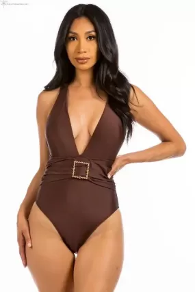 High Cut Swimsuit Belted Deep V-neck