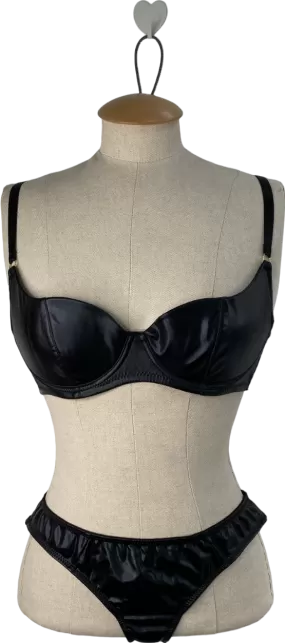 INAMORATA Black Dahila Brief And Underwired Faux Leather Bra UK 32D