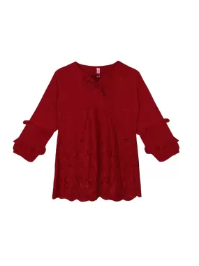 Ishin Girls Viscose Rayon Maroon Embroidered Top