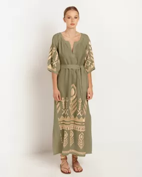 Kori Long Feather Belted Linen Dress | Tea & Gold