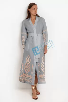 Kori Long Sleeved Belted Linen Dress | Grey & Rose Gold