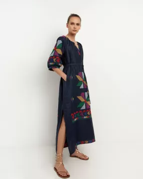 Kori Navy Belted Linen Dress