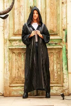 Luxurious hand loomed black coat, Moroccan  wool coat, wool kimono, bohemian coat, Winter coat, Hooded Coat, Hand loomed coat, Boho coat