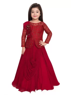 Maroon Coloured Embellished Georgette Saree Style Gown For Girls