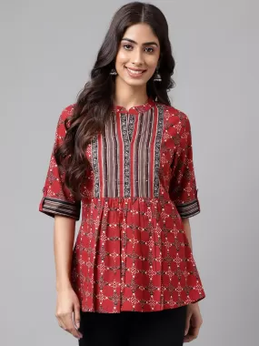 Maroon Cotton Ethnic Motifs A-Line Top