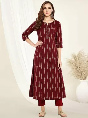 Maroon Cotton Foil Print A-line Kurta