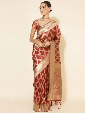 Maroon Organza  Saree with Unstitched Blouse Piece