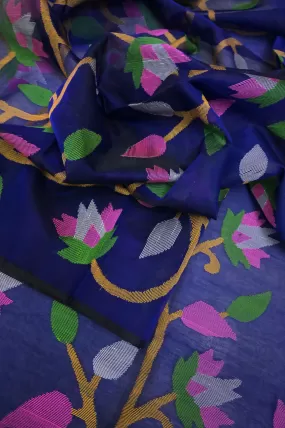 Midnight Blue Color Muslin Jamdani Saree with Allover Jamdani Weaving